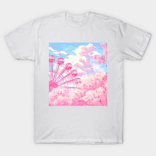The Ferris Wheel,clouds and pink cherry blossom T-Shirt